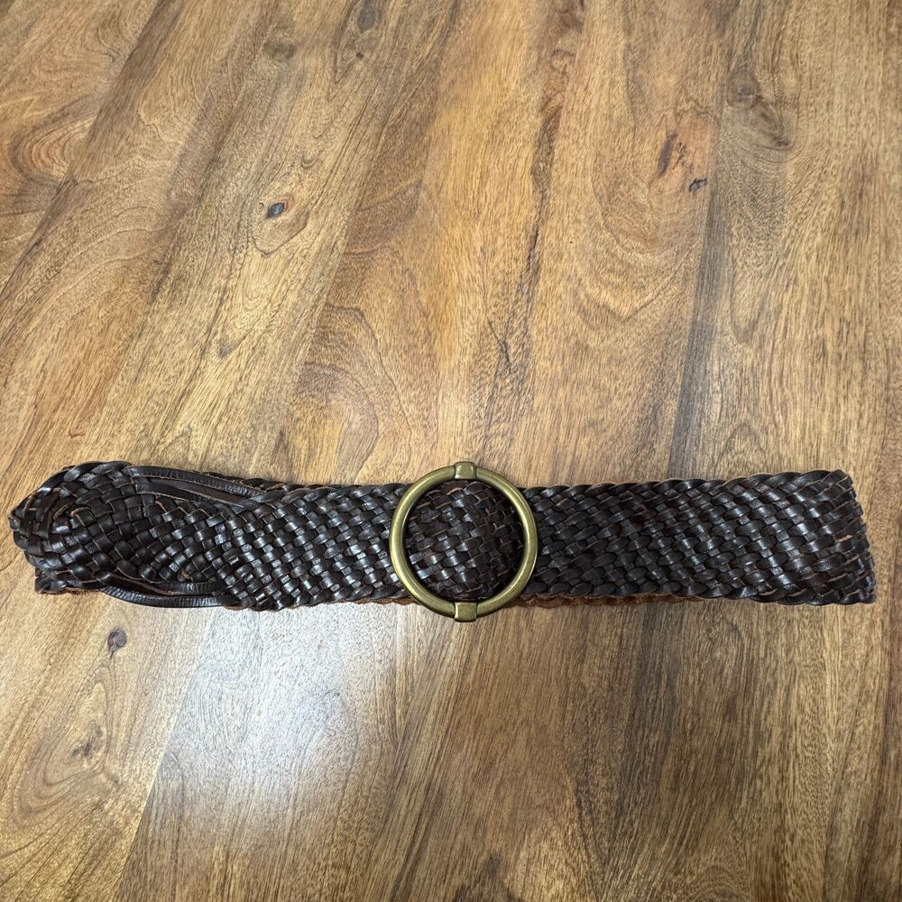 Vintage Wide Leather Braided Ring Belt Brass Buckle Brown
